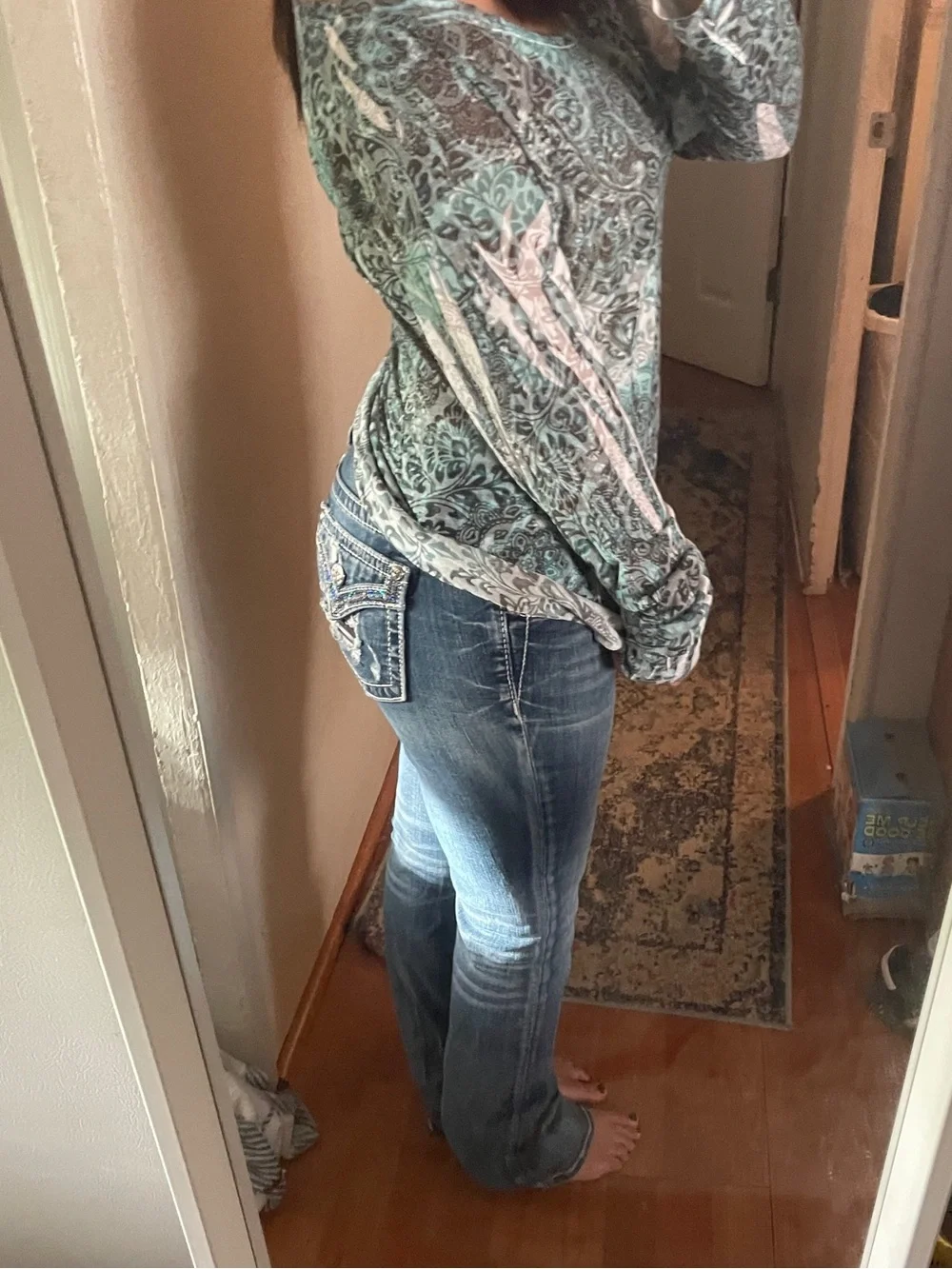 Miss Me Blue Flare Jeans with Contrast Stitching and bling back pockets.